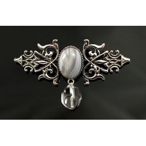 Брошь из агата серого (ботсванский) "вензель", основа 70х2.4мм, овал 18х13мм, подвеска горный хрусталь