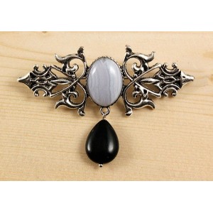 Брошь из агата голубого (сапфирин) "вензель", основа 70х2.4мм, овал 18х13мм, подвеска агат черный