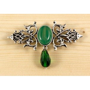 Брошь из агата зеленого (тонир.) "вензель", основа 70х2.4мм, овал 18х13мм, подвеска зеленая