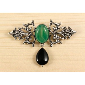 Брошь из агата зеленого (тонир.) "вензель", основа 70х2.4мм, овал 18х13мм, подвеска агат черный
