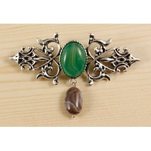 Брошь из агата зеленого (тонир.) "вензель", основа 70х2.4мм, овал 18х13мм, подвеска агат серый