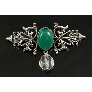 Брошь из агата зеленого (тонир.) "вензель", основа 70х2.4мм, овал 18х13мм, подвеска горный хрусталь