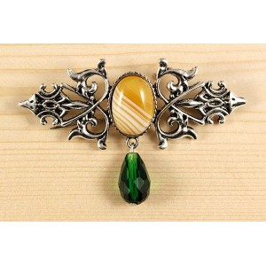 Брошь из агата желтого (тонир.) "вензель", основа 70х2.4мм, овал 18х13мм, подвеска зеленая