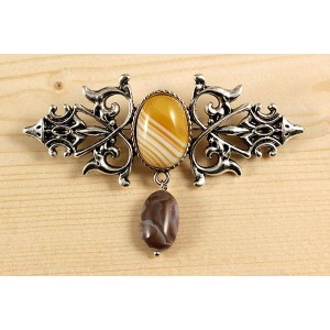 Брошь из агата желтого (тонир.) "вензель", основа 70х2.4мм, овал 18х13мм, подвеска агат серый