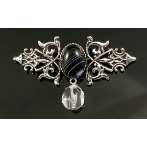 Брошь из агата черного "вензель", основа 70х2.4мм, овал 18х13мм, подвеска горный хрусталь