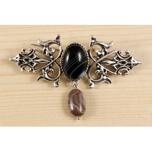 Брошь из агата черного "вензель", основа 70х2.4мм, овал 18х13мм, подвеска агат серый