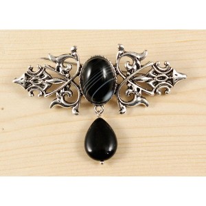 Брошь из агата черного "вензель", основа 70х2.4мм, овал 18х13мм, подвеска агат черный