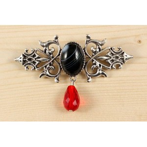 Брошь из агата черного "вензель", основа 70х2.4мм, овал 18х13мм, подвеска красная