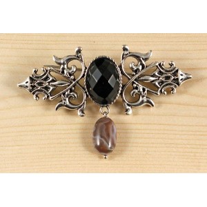 Брошь из агата черного (огранка) "вензель", основа 70х2.4мм, овал 18х13мм, подвеска агат серый