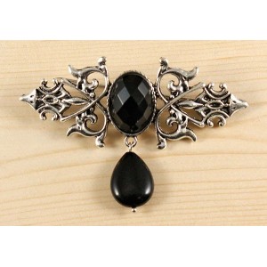 Брошь из агата черного (огранка) "вензель", основа 70х2.4мм, овал 18х13мм, подвеска агат черный