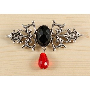 Брошь из агата черного (огранка) "вензель", основа 70х2.4мм, овал 18х13мм, подвеска красная