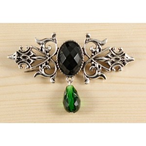 Брошь из агата черного (огранка) "вензель", основа 70х2.4мм, овал 18х13мм, подвеска зеленая
