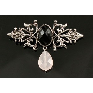 Брошь из агата черного (огранка) "вензель", основа 70х2.4мм, овал 18х13мм, подвеска кварц розовый