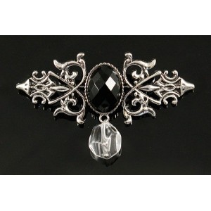 Брошь из агата черного (огранка) "вензель", основа 70х2.4мм, овал 18х13мм, подвеска горный хрусталь