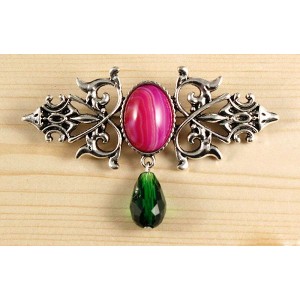Брошь из агата малинового (тонир.) "вензель", основа 70х2.4мм, овал 18х13мм, подвеска зеленая
