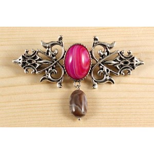 Брошь из агата малинового (тонир.) "вензель", основа 70х2.4мм, овал 18х13мм, подвеска агат серый