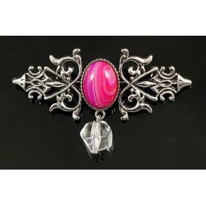 Брошь из агата малинового (тонир.) "вензель", основа 70х2.4мм, овал 18х13мм, подвеска горный хрусталь