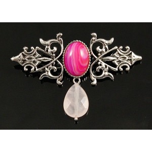 Брошь из агата малинового (тонир.) "вензель", основа 70х2.4мм, овал 18х13мм, подвеска кварц розовый