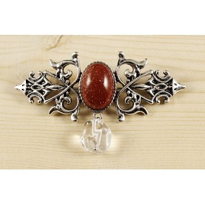 Брошь из авантюрина зеленого "вензель", основа 70х2.4мм, овал 18х13мм, подвеска зеленая