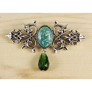 Брошь из амазонита "вензель", основа 70х2.4мм, овал 18х13мм, подвеска зеленая
