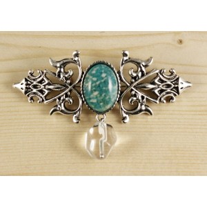 Брошь из амазонита "вензель", основа 70х2.4мм, овал 18х13мм, подвеска горный хрусталь
