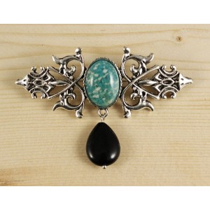 Брошь из амазонита "вензель", основа 70х2.4мм, овал 18х13мм, подвеска агат черный