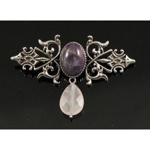 Брошь из аметиста "вензель", основа 70х2.4мм, овал 18х13мм, подвеска кварц розовый