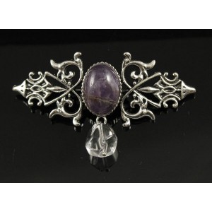 Брошь из аметиста "вензель", основа 70х2.4мм, овал 18х13мм, подвеска горный хрусталь