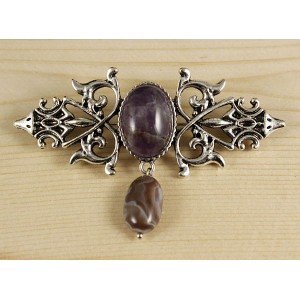 Брошь из аметиста "вензель", основа 70х2.4мм, овал 18х13мм, подвеска агат серый