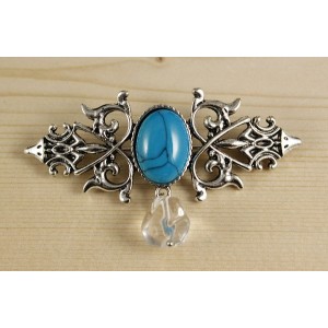 Брошь из бирюзы (имитация) "вензель", основа 70х2.4мм, овал 18х13мм, подвеска горный хрусталь