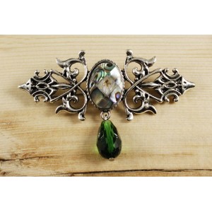 Брошь из гелиотиса (мозаика) "вензель", основа 70х2.4мм, овал 18х13мм, подвеска зеленая