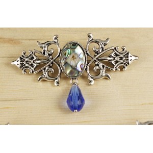 Брошь из гелиотиса (мозаика) "вензель", основа 70х2.4мм, овал 18х13мм, подвеска синяя