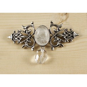 Брошь из горного хрусталя "вензель", основа 70х2.4мм, овал 18х13мм, подвеска горный хрусталь