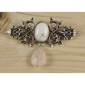 Брошь из каулита (имит. кахолонга) "вензель", основа 70х2.4мм, овал 18х13мм, подвеска кварц розовый