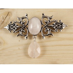 Брошь из кварца розового "вензель", основа 70х2.4мм, овал 18х13мм, подвеска кварц розовый