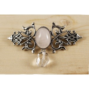 Брошь из кварца розового "вензель", основа 70х2.4мм, овал 18х13мм, подвеска горный хрусталь