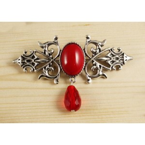 Брошь из коралла красного (иск.) "вензель", основа 70х2.4мм, овал 18х13мм, подвеска красная