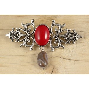 Брошь из коралла красного (иск.) "вензель", основа 70х2.4мм, овал 18х13мм, подвеска агат серый
