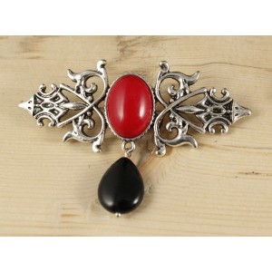Брошь из коралла красного (иск.) "вензель", основа 70х2.4мм, овал 18х13мм, подвеска агат черный