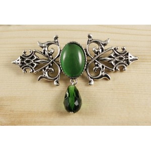 Брошь из кошачьего глаза (иск., зеленый) "вензель", основа 70х2.4мм, овал 18х13мм, подвеска зеленая