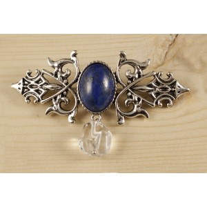 Брошь из лазурита (синий) "вензель", основа 70х2.4мм, овал 18х13мм, подвеска горный хрусталь