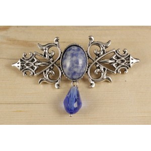 Брошь из лазурита (бело-синий) "вензель", основа 70х2.4мм, овал 18х13мм, подвеска синяя