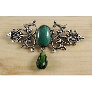 Брошь из малахита "вензель", основа 70х2.4мм, овал 18х13мм, подвеска зеленая