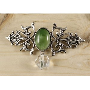 Брошь из нефрита "вензель", основа 70х2.4мм, овал 18х13мм, подвеска горный хрусталь