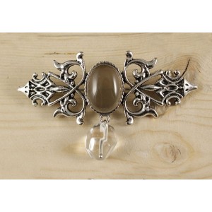 Брошь из раухтопаза "вензель", основа 70х2.4мм, овал 18х13мм, подвеска горный хрусталь