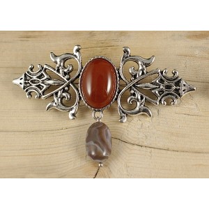 Брошь из сердолика "вензель", основа 70х2.4мм, овал 18х13мм, подвеска агат серый