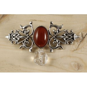 Брошь из сердолика "вензель", основа 70х2.4мм, овал 18х13мм, подвеска горный хрусталь