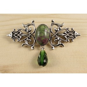 Брошь из цоизита "вензель", основа 70х2.4мм, овал 18х13мм, подвеска зеленая