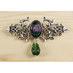 Брошь из чароита и малахита (кабошон-мозаика) "вензель", основа 70х2.4мм, овал 18х13мм, подвеска зеленая