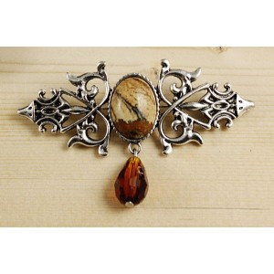 Брошь из яшмы песочной "вензель", основа 70х2.4мм, овал 18х13мм, подвеска цвет коньячный